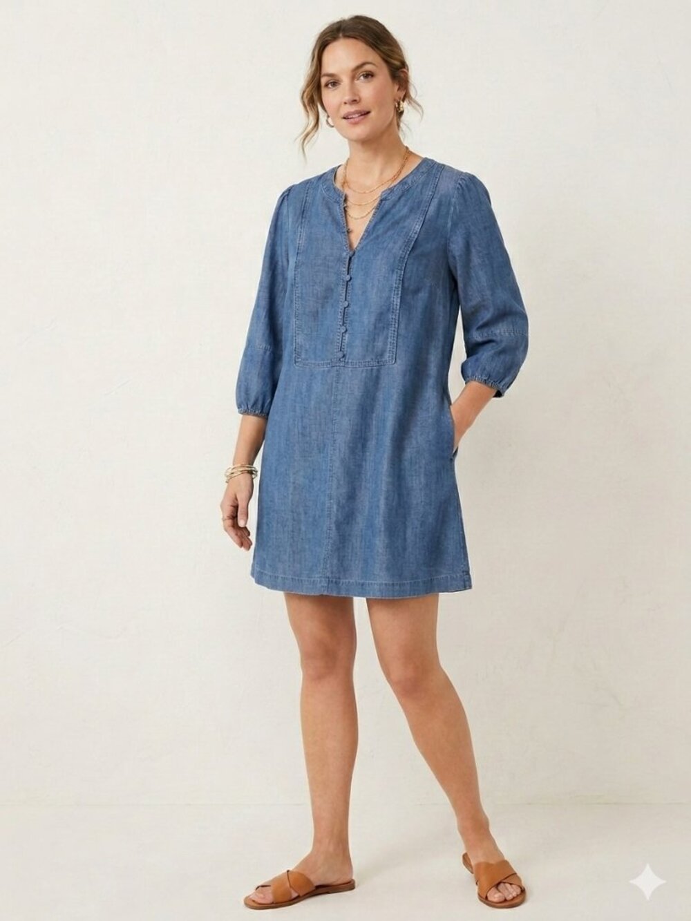 LOFT Linen Blend Blue Chambray Popover Tunic Dress 3/4 Sleeve Sz L